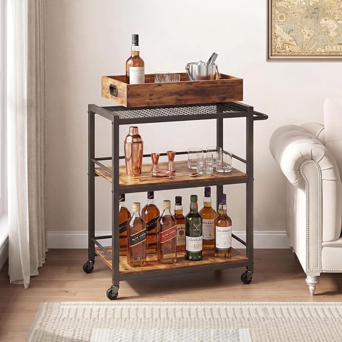 3-Tier Rolling Bar Cart with Removable Tray for Home Kitchen | Rolling Wheels with Handle, 3-Tier Storage, Removable Serving Tray, Sturdy Frame, Multi-Purpose for Kitchen & Bar Use