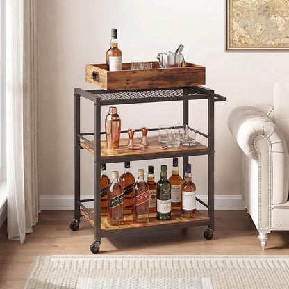 3-Tier Rolling Bar Cart with Removable Tray for Home Kitchen | Rolling Wheels with Handle, 3-Tier Storage, Removable Serving Tray, Sturdy Frame, Multi-Purpose for Kitchen & Bar Use