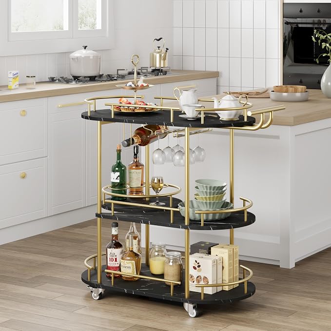 GarveeHome 3-Tier Bar Cart on Wheels, Mobile Serving Cart with Wine Rack and Glass Holder, Metal Kitchen Utility Cart for Coffee Station, Mini Home Bar, Dining Room - Gold+Black