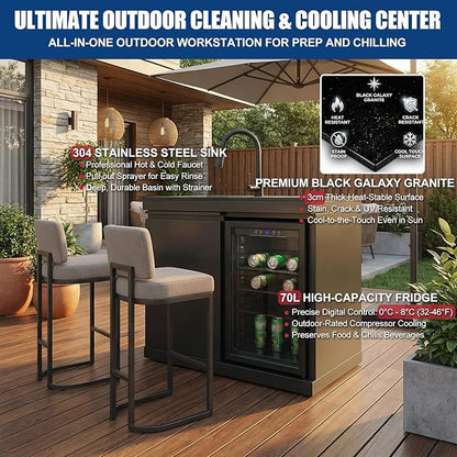 84" Modular Outdoor Kitchen Island, 75,300 BTU 6-Burner 304 Stainless Steel Gas Grill, Prefab BBQ Island Station with Side Burner, Rotisserie Kit, 70L Fridge & Sink, Propane to Natural Gas Ready