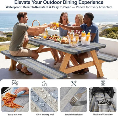 Picnic Table Cover with Bench Covers Windproof Waterproof Picnic Table Covers Camping Tablecloth with Self-Storage Bag, 72in, Gray Blue