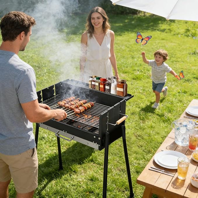 Ergocar Charcoal Barbecue Grill - Foldable No Assembly Required Thickened Stainless Steel Windproof Three-Level Temperature Control, Built-In Seasoning Tray, Suitable For Five Or More Persons