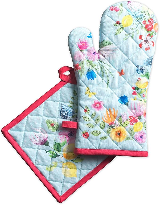 Maison d' Hermine 100% Cotton Oven Mitt & Pot Holder Set (7.5"x13" & 8"x8") Heat Resistant BBQ Cooking Gloves with Loop Baking Grilling Kitchen Hotel Home Farmhouse Spring Summer (Jardin D'Ete - Mint)