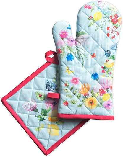 Maison d' Hermine 100% Cotton Oven Mitt & Pot Holder Set (7.5"x13" & 8"x8") Heat Resistant BBQ Cooking Gloves with Loop Baking Grilling Kitchen Hotel Home Farmhouse Spring Summer (Jardin D'Ete - Mint)
