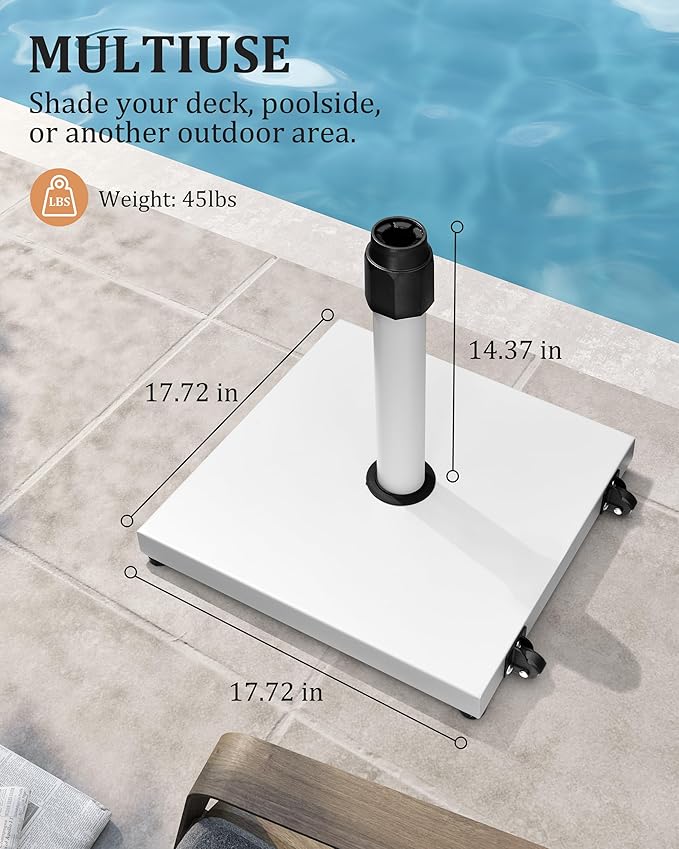 45lbs Patio Umbrella Base - Heavy Duty Outdoor Patio Market Umbrella Stand for Deck with Rollers, Poolside, Balcony, Wind-Resistant Design, White