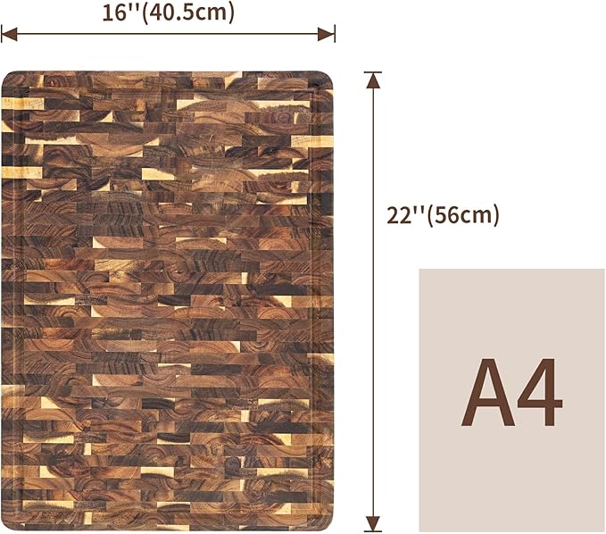 Utoplike Large Acacia Cutting Board 22 x 16 inch, End Grain Largest Wooden Butcher Block for Turkey, Meat, Vegetables, BBQ, Chopping Board with Handle and Single-side Juice Groove, 1.38"Th