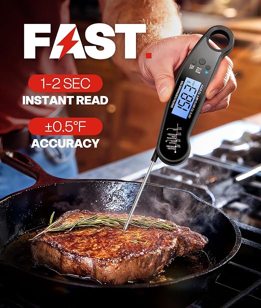 Instant Read Meat Thermometer Digital, 1-2 Sec, Cooking, Food, BBQ | Fast Response, Waterproof, Backlit Display for Grilling, Air Fryer, Smoker, Kitchen Gadgets, Gift for Dad Men, Black