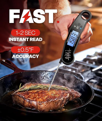 Instant Read Meat Thermometer Digital, 1-2 Sec, Cooking, Food, BBQ | Fast Response, Waterproof, Backlit Display for Grilling, Air Fryer, Smoker, Kitchen Gadgets, Gift for Dad Men, Black
