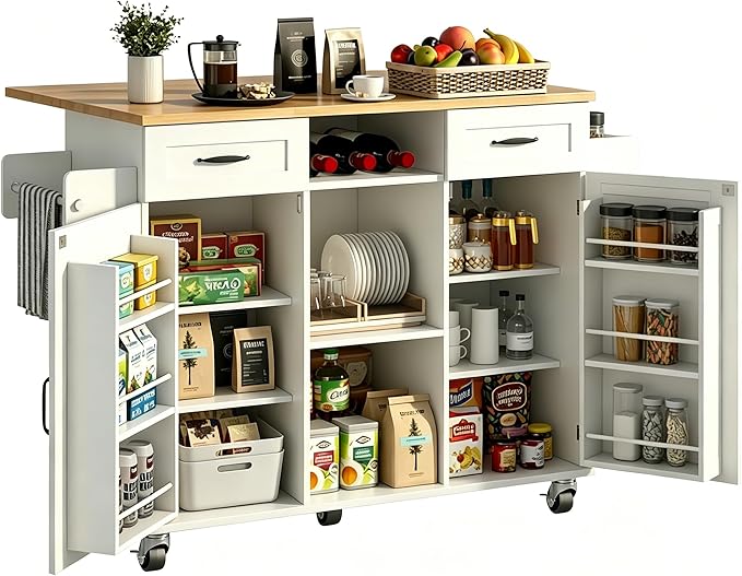 knoworld 51.5'' Rolling Kitchen Island with Storage Cabinet & Drawers, Drop Leaf Kitchen Cart on Wheels, Farmhouse Portable Mobile Islands, Large Butcher Block Table with Tower/Spice Rack, White