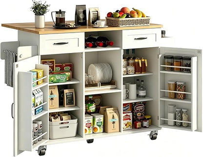 knoworld 51.5'' Rolling Kitchen Island with Storage Cabinet & Drawers, Drop Leaf Kitchen Cart on Wheels, Farmhouse Portable Mobile Islands, Large Butcher Block Table with Tower/Spice Rack, White