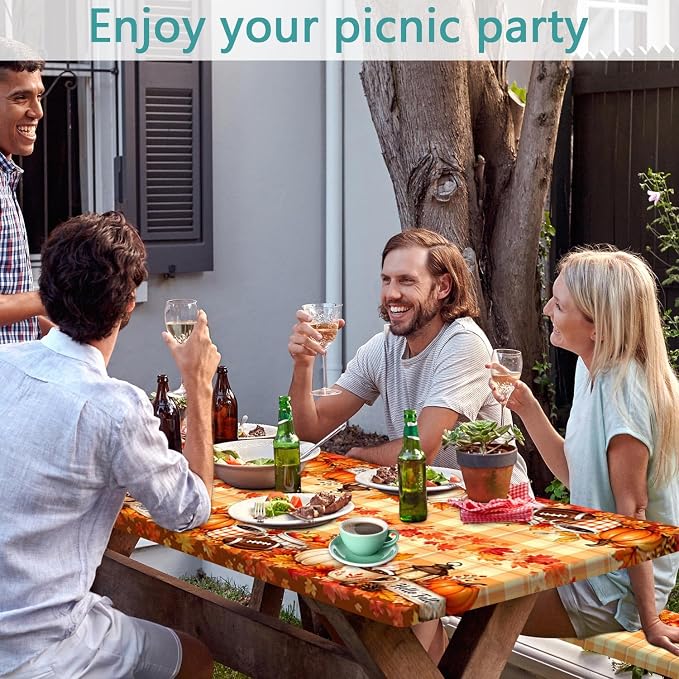 Fall Picnic Table Cover with Bench Covers with Drawstring Bag, Camping Essentials Autumn Maple Leaf Pumpkin Waterproof Oilproof Camping Tablecloth, Fitted Rectangle Tables and Seats, 3PCS, 30x96 Inch