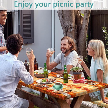 Fall Picnic Table Cover with Bench Covers with Drawstring Bag, Camping Essentials Autumn Maple Leaf Pumpkin Waterproof Oilproof Camping Tablecloth, Fitted Rectangle Tables and Seats, 3PCS, 30x96 Inch