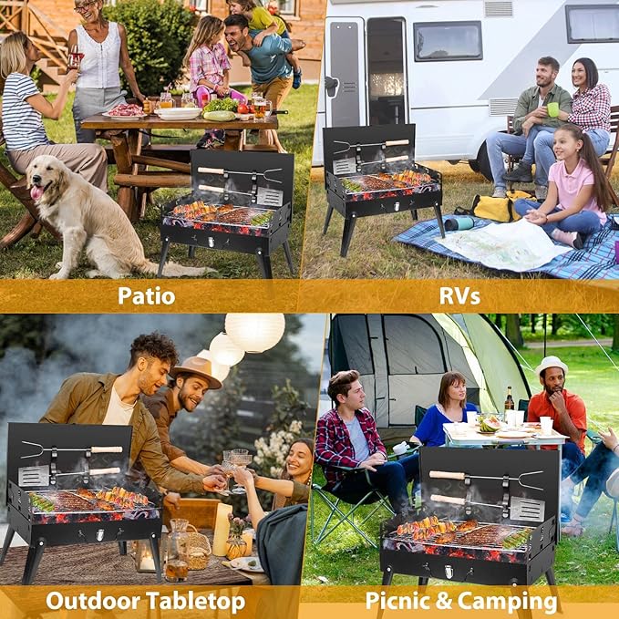 TeqHome Portable Charcoal Grill, Small BBQ Grill Outdoor Folding Barbecue Grill with Barbecue Accessories & Lid, Foldable Camping Grill for Outdoor Cooking Camp Picnic Hiking Beach Patio Smokers