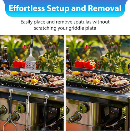 Belle&Beau 6.3 Inch Griddle Spatula Holder, 2 Pack Stainless Steel Grill Barbecue Tool Rack with 3 Magnetic Hooks, Griddle Accessories for Blackstone Flat Top Griddle and Other Grill Griddles