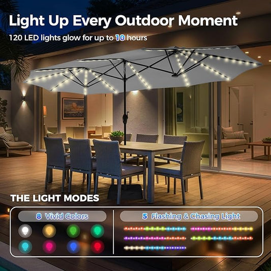 SUPERJARE 13ft Outdoor Patio Umbrella with Solar Lights, Double-sided Deck Pool Umbrella with 1.5 Inch Pole, Fade Resistant Canopy, 12 Sturdy Ribs, for Porch, Market, Backyard, Grey (No Base)