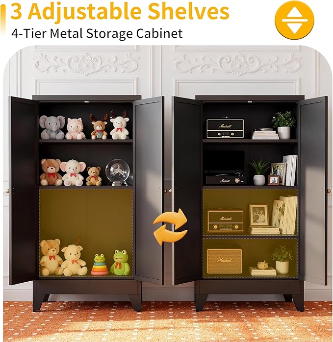 Metal Pantry Cabinet, Kitchen Pantry Storage Cabinets with 2 Doors and 3 Adjustable Shelves, White Kitchen Pantry Cabinet for Dining Room, Living Room, Assemble Required (Black)