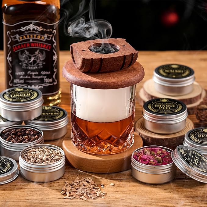 ComboJoy 12 Flavor Cocktail Smoker Wood Chips Gift Set for Men - Cinnamon, Cloves, Orange Peel, Cardamom, Rose, Ginger, Pear, Peach, Cherry, Apple, Oak, Walnut for Whiskey/Bourbon/Drinks Smoke Gun
