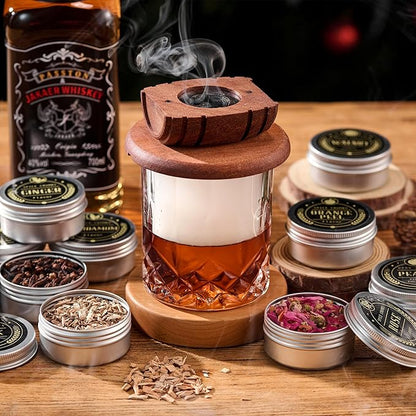ComboJoy 12 Flavor Cocktail Smoker Wood Chips Gift Set for Men - Cinnamon, Cloves, Orange Peel, Cardamom, Rose, Ginger, Pear, Peach, Cherry, Apple, Oak, Walnut for Whiskey/Bourbon/Drinks Smoke Gun