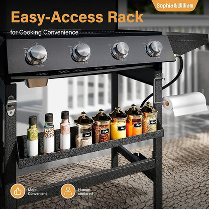 Sophia & William 4-Burner Gas Grill Griddle Combo with Stove, 482 SQ.IN.Cooking Area, 52,000 BTU Propane Barbeque Grills Outdoor Cooking with Two Shelves for Outside BBQ Patio Barbecue, Black