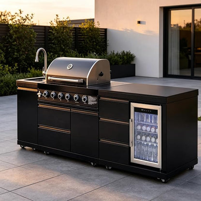 MAHARLIKA Modular Black Outdoor BBQ Kitchen island, 304 Stainless Steel Freestanding Propane Grill with Sink, Prep Counter & Built-in Drink Cooler for Patio Backyard Entertaining