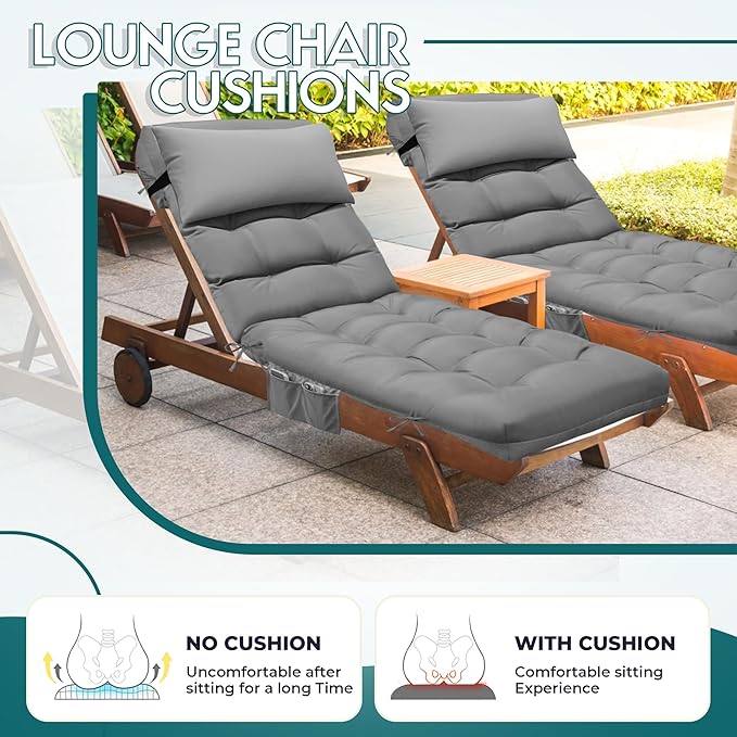 Outdoor Chaise Lounge Chair Cushion, Waterproof Outdoor Chair Cushions for Patio Furniture, 71 x 21 x 4 Inches Replacement Chaise Lounge Cushion with Ties (Grey)