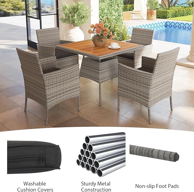 HAPPYGRILL 5 Pieces PE Wicker Patio Dining Set with Table and Chairs with Cushions, Outdoor Patio Furniture Set for Deck, Garden and Backyard (Grey Black & Wood)