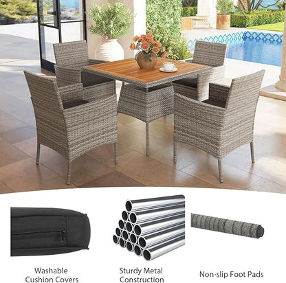 HAPPYGRILL 5 Pieces PE Wicker Patio Dining Set with Table and Chairs with Cushions, Outdoor Patio Furniture Set for Deck, Garden and Backyard (Grey Black & Wood)