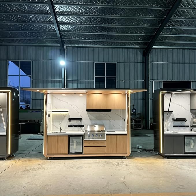 Luxury Prefab Outdoor Kitchen Kits with Roof, Modular Outdoor Kitchen Pod with Grill, Sink, Storage Cabinet, Burners, Refrigerator, Patio and Backyard Cooking Station
