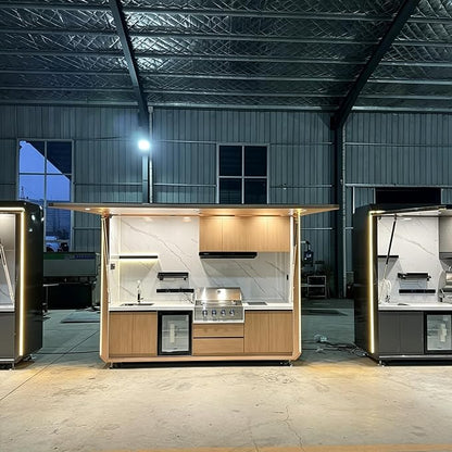 Luxury Prefab Outdoor Kitchen Kits with Roof, Modular Outdoor Kitchen Pod with Grill, Sink, Storage Cabinet, Burners, Refrigerator, Patio and Backyard Cooking Station