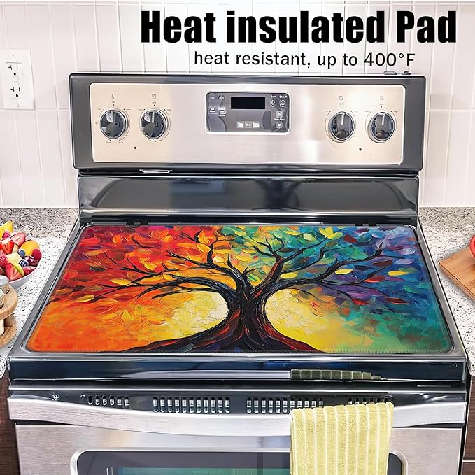 Tree of Life Glass Top Stove Cover Protector,Modern Colorful Tree Heat Resistant Stove Top Cover, Large Size Range Covers for Electric Stove Countertop Mat, 28 x 20 Inch