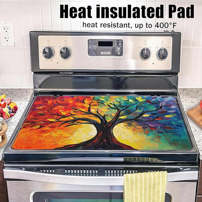 Tree of Life Glass Top Stove Cover Protector,Modern Colorful Tree Heat Resistant Stove Top Cover, Large Size Range Covers for Electric Stove Countertop Mat, 28 x 20 Inch