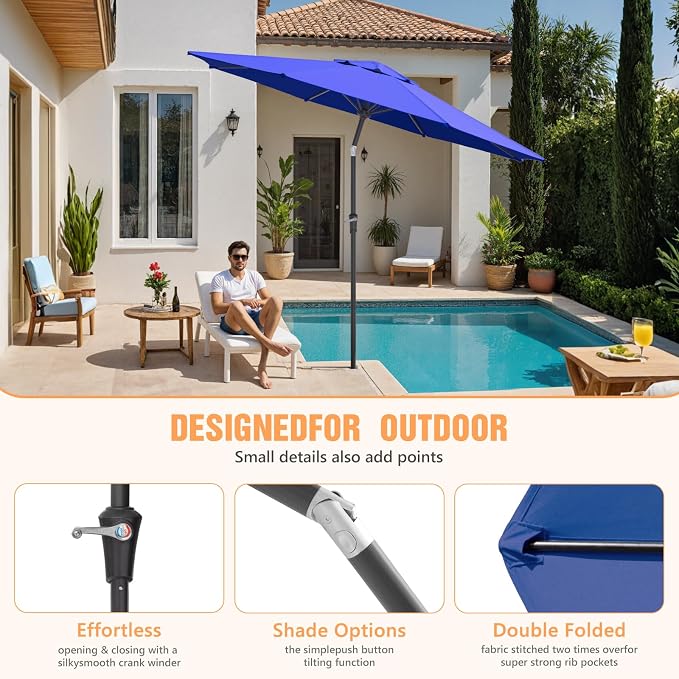 Outdoor Patio Umbrella, Table Umbrella with Push Button Tilt and Crank, 8 Ribs Market Umbrella