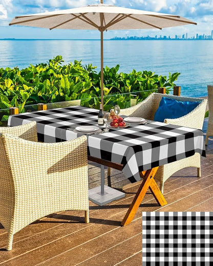 Black and White Checkered Outdoor Tablecloth - 60x84 Inch Rectangle Dining Table Cover, Farmhouse Buffalo Plaid Waterproof Outdoor Table Cloth with Umbrella Hole & Zipper for Picnic/Patio/Party