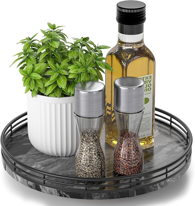 AMH 10-Inch Ancient Wood-Grain Marble Lazy Susan with Black Iron Frame | Smooth rotating oak tray with walnut finish for dining tables, kitchen counters, pantries and cabinet storage.
