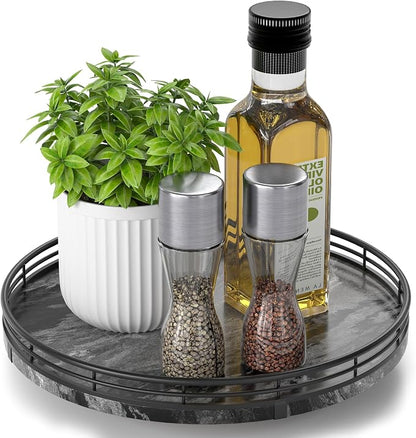 AMH 10-Inch Ancient Wood-Grain Marble Lazy Susan with Black Iron Frame | Smooth rotating oak tray with walnut finish for dining tables, kitchen counters, pantries and cabinet storage.