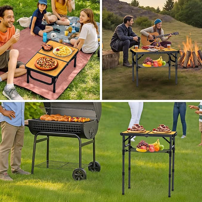 Anbte 2ft Camping Table Foldable, 24" x 16" Small Folding Table Portable | 3 Adjustable Heights Max 27.5", with Storage Net, Aluminum Lightweight, for Travel Beach Camping Picnic BBQ, Light Oak Grain