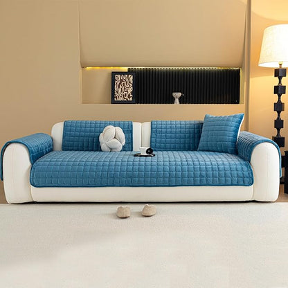 Velvet Couch Cover, Plush Sectional Sofa Cover Washable, Anti Slip Sofa Slipcover for 3-4 Cushions Sofas, Furniture Protector Covers for Pets & Kids(1PC, Blue, 35.4"×82.6", 3-4 Seater)