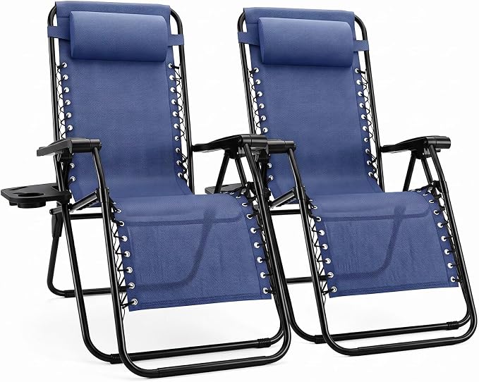 Sweetcrispy Zero Gravity Chairs, Set of 2 Portable Recliner Beach Camping Patio Outdoor Folding Lounge Chair with Cup Holder Trays and Adjustable Pillow for Poolside, Garden, Backyard, Lawn, Blue