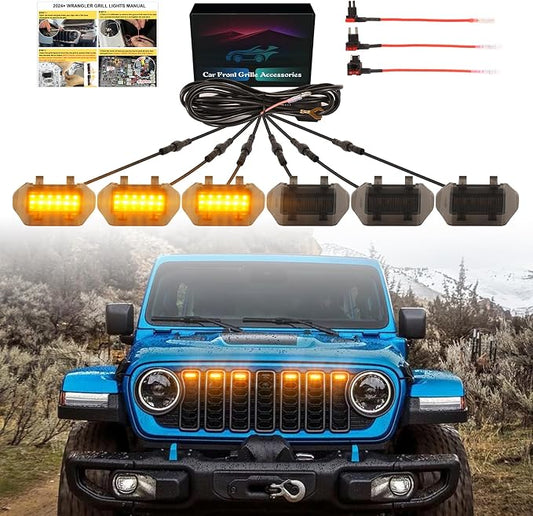 Amber Led Grill Grille Lights for 2024 2025 2026 Jeep Wrangler JL Jlu Sport | 6 in 1 upgraded Oem Jl Jlu grills light assembly