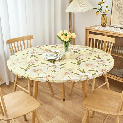 LIBERECOO Round Vinyl Fitted Tablecloth with Flannel Backing Elastic Edge Table Cover Waterproof Stain-Resistant Wipeable Tablecloths Fits 40-44 Inch Round Tables