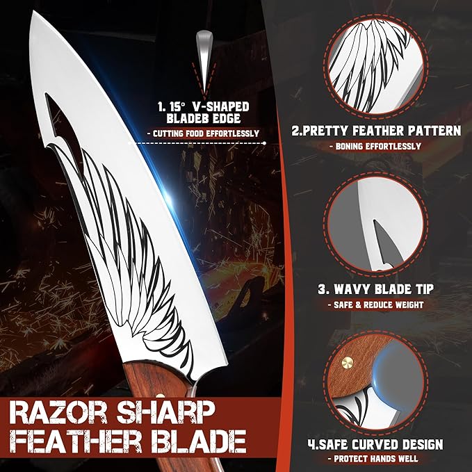 ROCOCO Cleaver Knife for Meat Cutting Butcher Viking Boning Knife Hand Forged In Fire Chopping Cutter with Sheath Outdoor BBQ Camping Birthday Christmas Chef Gift Idea Men 8.4"