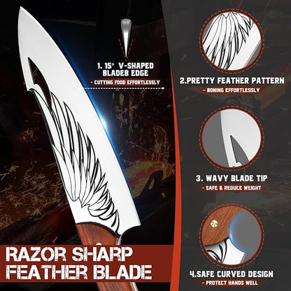 ROCOCO Cleaver Knife for Meat Cutting Butcher Viking Boning Knife Hand Forged In Fire Chopping Cutter with Sheath Outdoor BBQ Camping Birthday Christmas Chef Gift Idea Men 8.4"