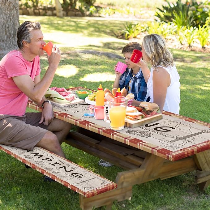 Picnic Table Cover with Bench Covers Elastic Edges, Red Camper Fitted Table Cover, Outdoor Patio Camping Essentials 72 Inch 3PCS, Waterproof Camping Fitted Tablecloth with Drawstring Bag