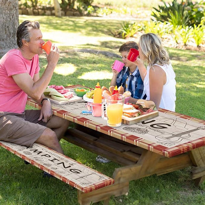Picnic Table Cover with Bench Covers Elastic Edges, Red Camper Fitted Table Cover, Outdoor Patio Camping Essentials 72 Inch 3PCS, Waterproof Camping Fitted Tablecloth with Drawstring Bag