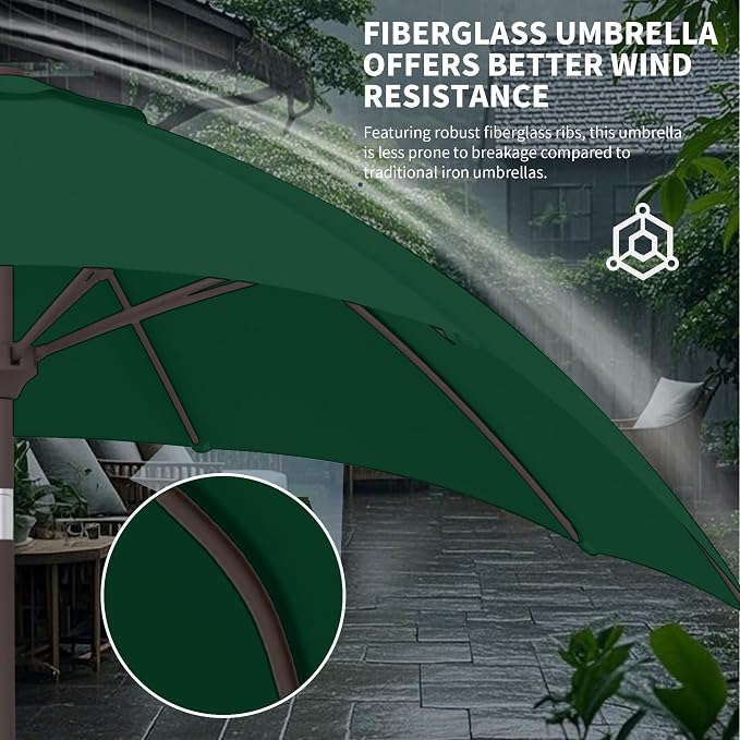 Kingdura 9FT Outdoor Patio Umbrella, Round Market Table Umbrella with Push‑Button Tilt and Crank Lift, 8 Sturdy Metal Ribs, UV50+ Protection Canopy for Backyard, Lawn, Deck, Poolside, Garden (Dark green)