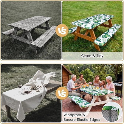 SquarePie Picnic Table Cover with Bench Covers - Waterproof Fitted Elastic Tablecloth for 6 FT Tables - Washable Polyester Camping Table Cloth for Outdoor Patio RV BBQ (Palm Leaf, 30"x72")