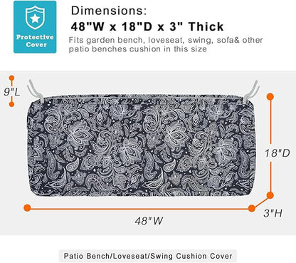 NettyPro Patio Bench Swing Loveseat Cushion Covers, Water Resistant UV Protection Outdoor Furniture Cushion Slipcovers with Zipper, Slate Grey Paisley, 48 x 18 x 3 Inch