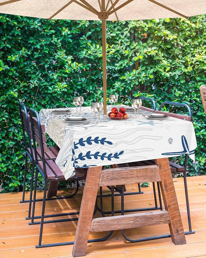 Blue Coastal Outdoor Tablecloth - 60x120 Inch Rectangle Waterproof Dining Table Cover, Nautical Summer Beach Sea Turtle Coral Outdoor Table Cloth with Umbrella Hole & Zipper for Patio