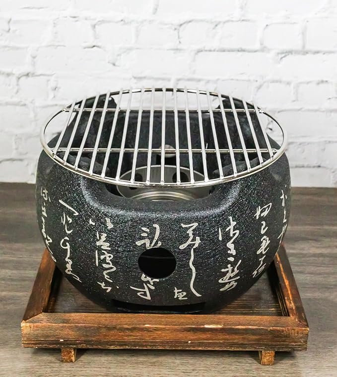 Ebros Gift Japanese Cuisine Tabletop Shichirin Konro Compact Movable Charcoal Grill BBQ Aluminum Cooking Stove With Wire Mesh Grill And Wooden Trivet Base For Yakitori Hibachi Yakiniku