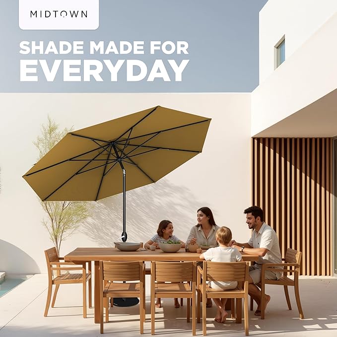 Midtown Umbrellas 10-Year-No-Fade - 8 Ft - UV Proof Sand (Tan) Polyester Fabric - Umbrella Outdoor Patio, Auto-Tilt Aluminum Frame Patio Umbrella for Garden, Pool & Deck - Black Pole